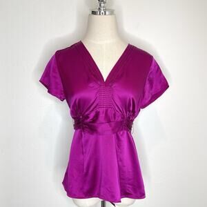 i.e. Y2K Silk Babydoll Top Back Tie Womens Small Magenta Purple Short Sleeve